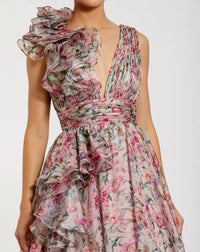 Ruffle Shoulder V-Neck Printed Chiffon Gown - Pink