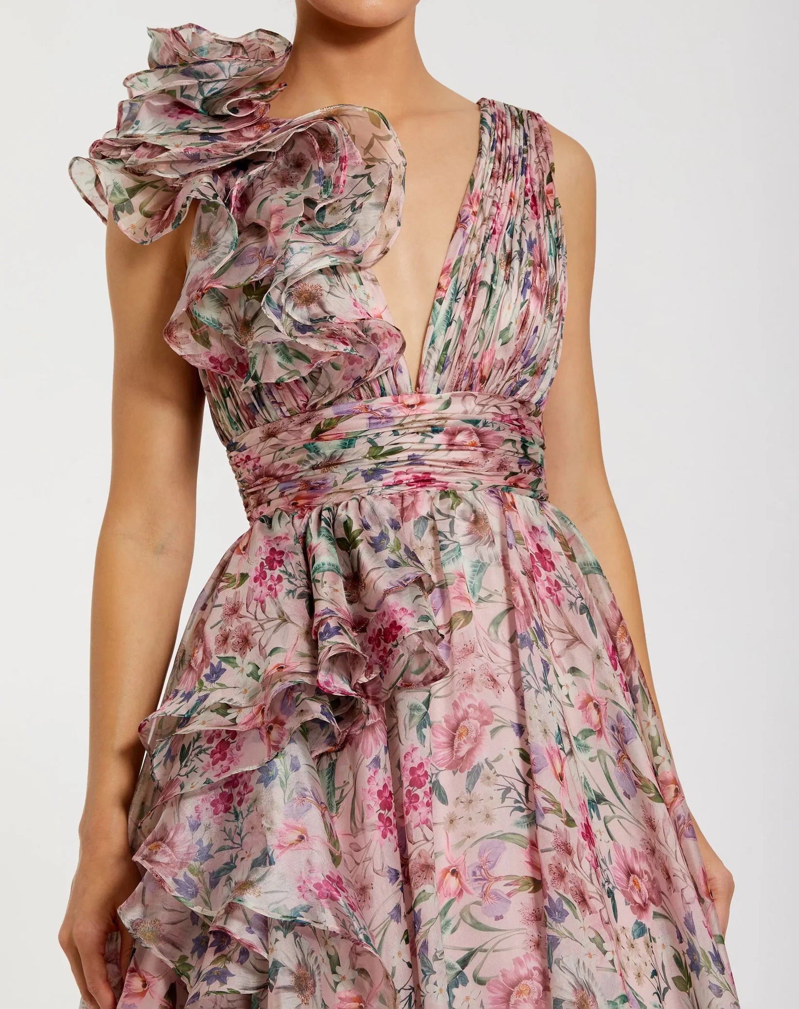 Ruffle Shoulder V-Neck Printed Chiffon Gown - Pink