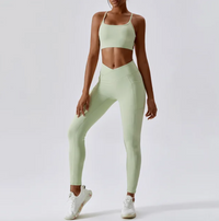 White V Front Leggings & Backless Strappy Cropped Seamless Gym Set