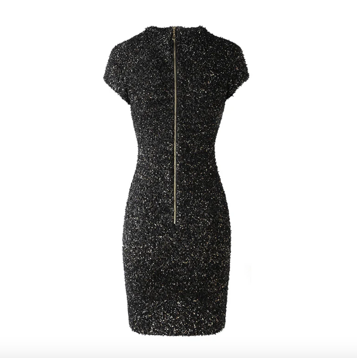 The Natalynska Angellina dress is a stunning short sleeve, mini dress with gold button details and boucle, clustered fabric with glittery threads. balmain inspired back