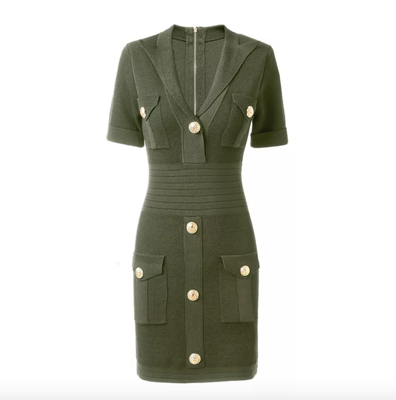 The Natalynska Masha dress is a stunning short sleeved bodycon evening dress with banding detail at the centre to cinch in the waist and gold button detailing balmain inspired black khaki