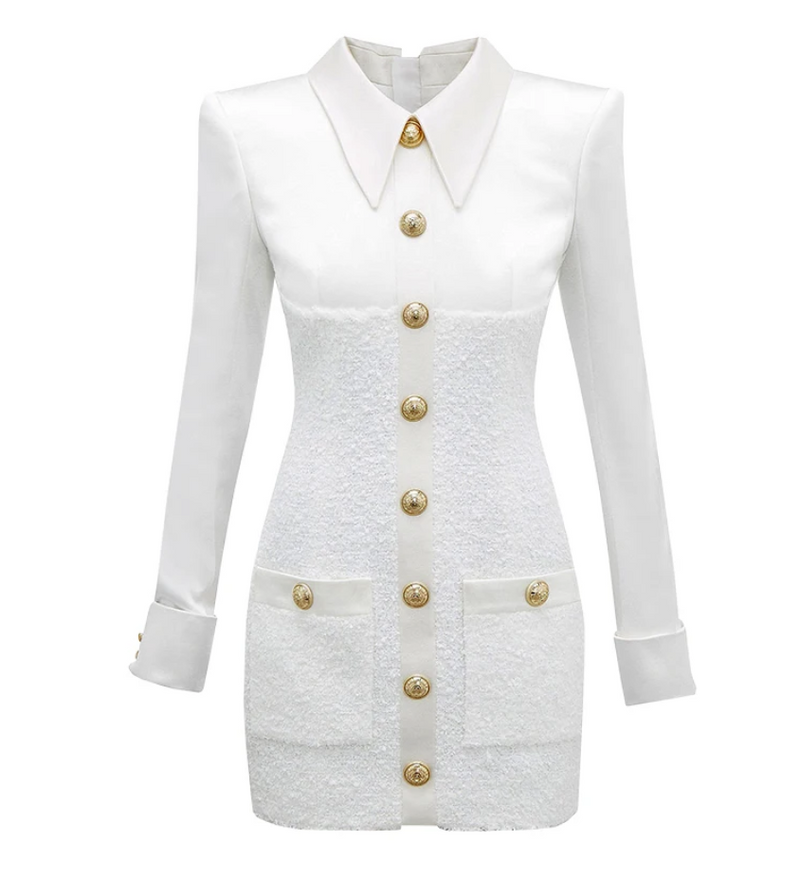Long sleeve boucle button detail shirt dress - White