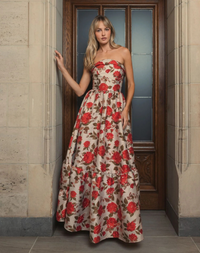 Mac Duggal, Brocade Strapless Floral Gown With Ruffle Hem, Antique Multi #11827 red