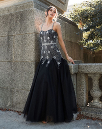 Mac Duggal, Black Tulle Princess Slim Strap Embellished Bustier Gown #2236