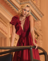 Mac Duggal #48856 Shoulder Detail Ruffle A Line Gown - Wine Red