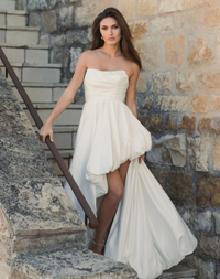 Mac Duggal, Strapless Ruched High Low Gown #11685 White Ivory Bridal