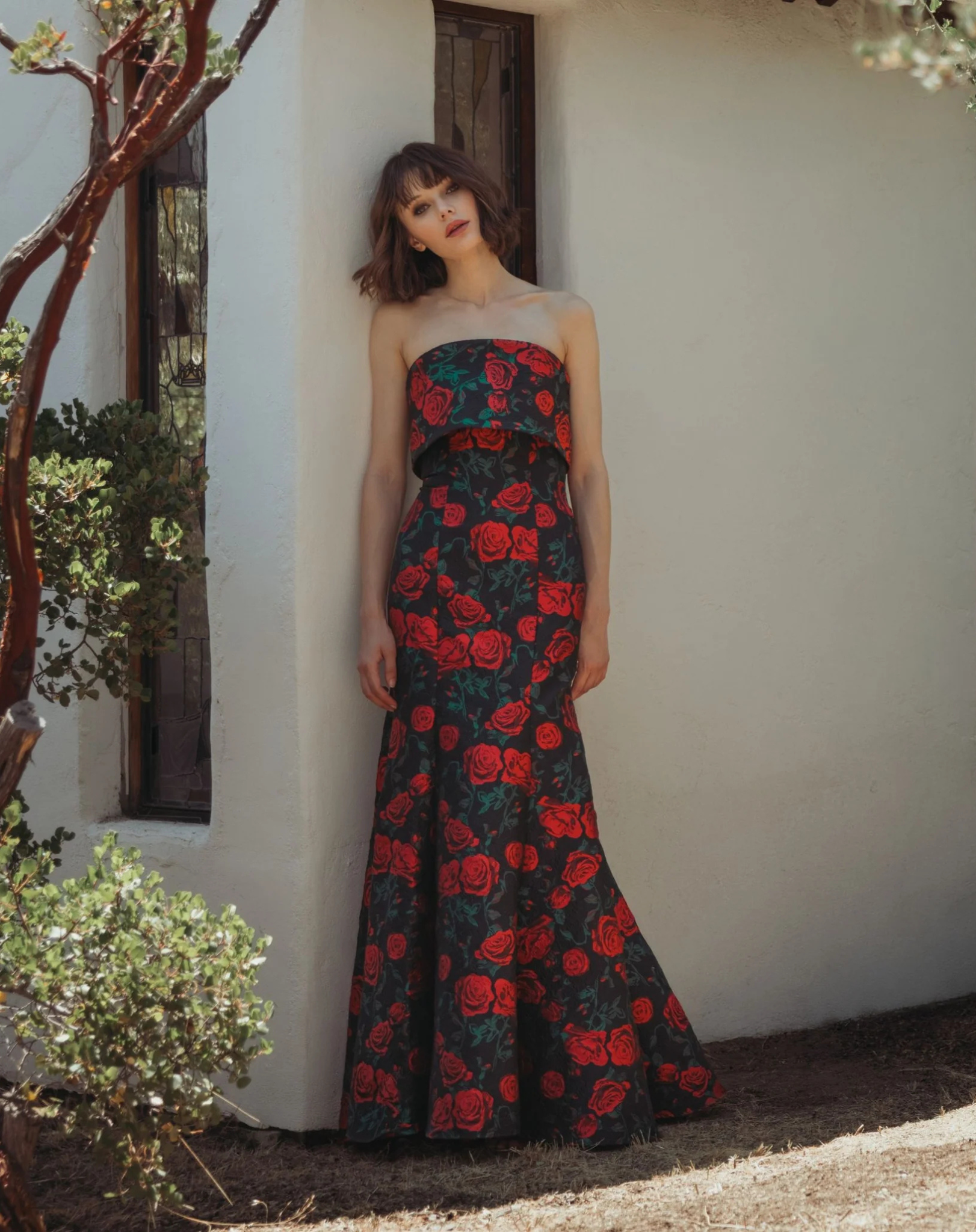 Strapless Floral Brocade Mermaid Gown - Black