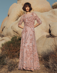 High Neck Embellished Lace Gown with 3/4 Sleeves - Pink