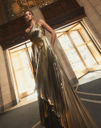 Pleated Metallic One Shoulder High Low Gown - Gold