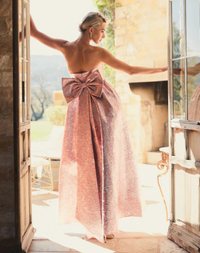 Mac Duggal Pink Metallic Strapless Brocade Gown With Oversized Bow Raspberry #68805