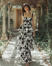 Mac Duggal Black and White Floral Boucle Tiered Ruffle Gown #27710 Black Ivory