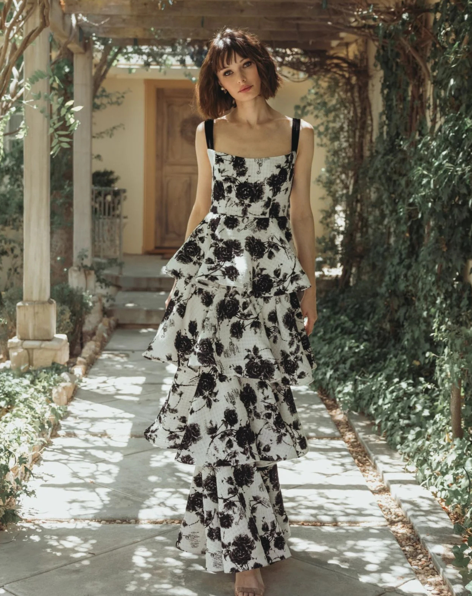 Mac Duggal Black and White Floral Boucle Tiered Ruffle Gown #27710 Black Ivory