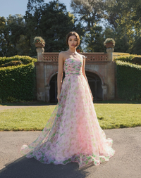 Mac Duggal Pink Strapless Floral Tulle Chiffon Gown With Ruffle Detail Pink Multi #30783