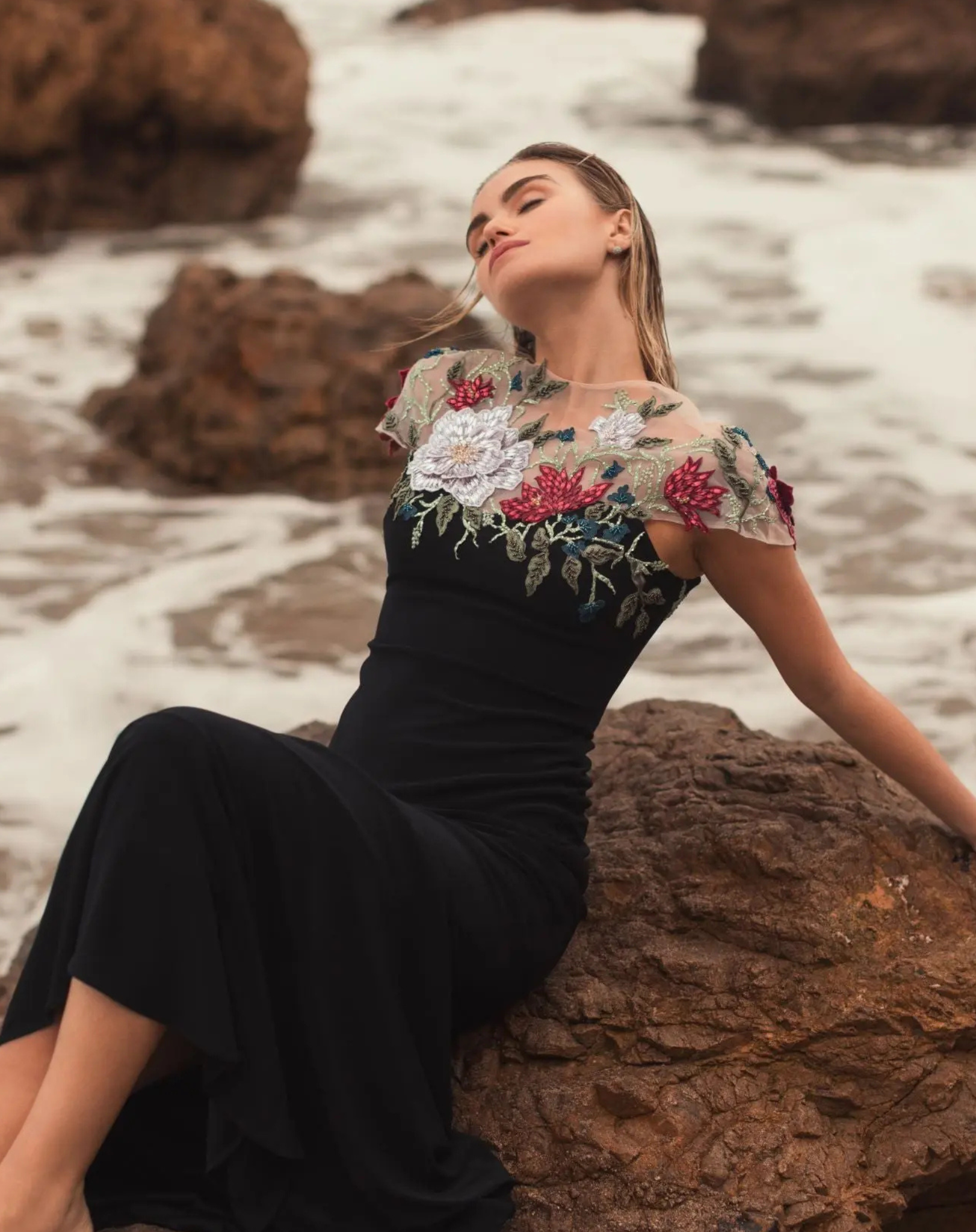 Mac Duggal Black Floral Embellished Jersey Column Gown #11817 Black