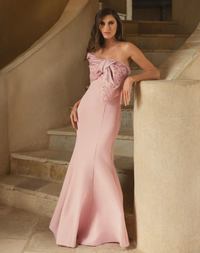 Beaded Bow Satin Mermaid Gown - Pink