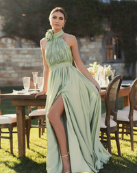 Mac Duggal, Purple Soft Tie Halter Neck High Slit Gown #49333 Sage Green