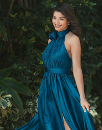 Mac Duggal, Midi Bridesmaids Dress Pleated Charmeuse High Neck Sleeveless Midi Dress Ocean Blue #49674