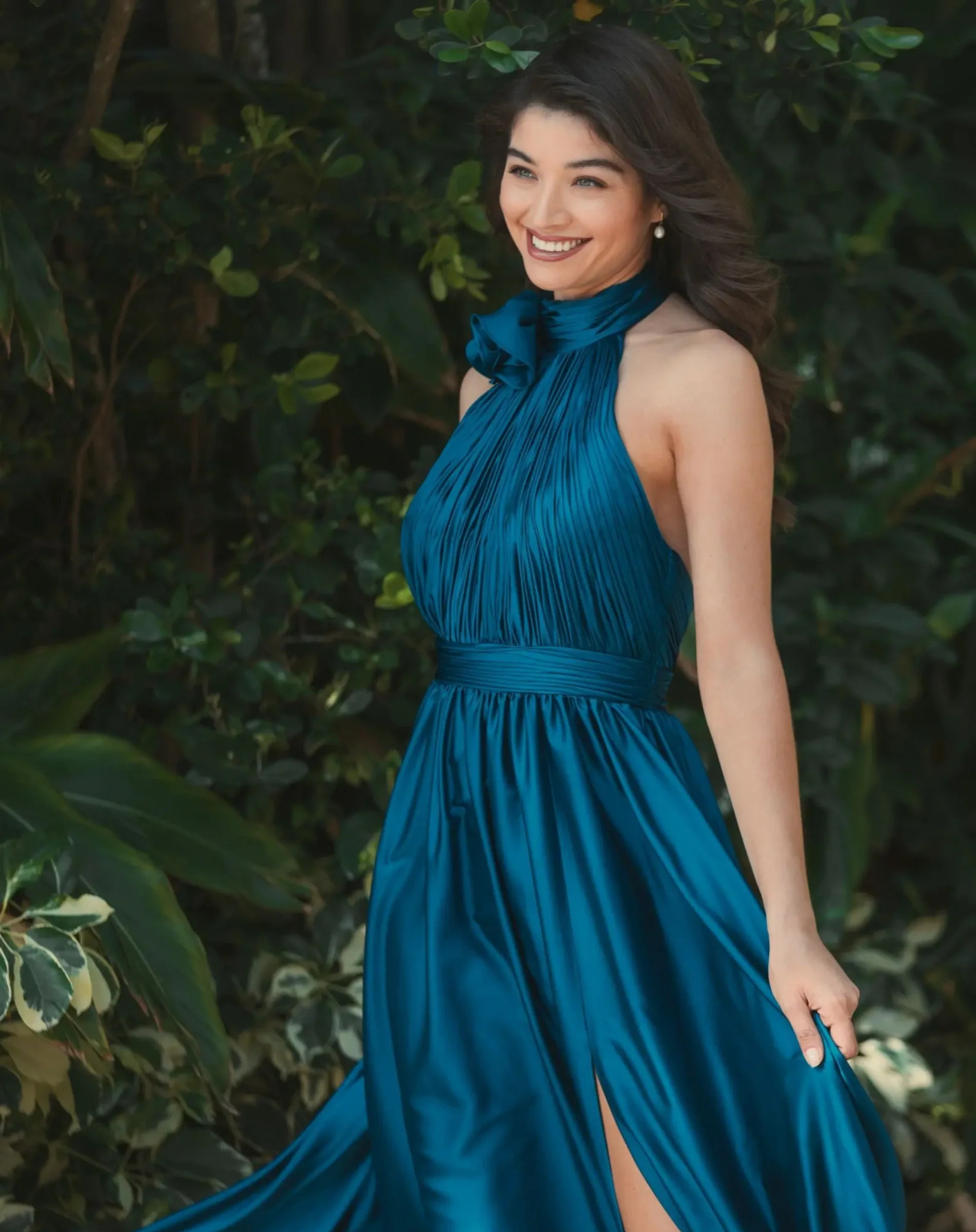 Mac Duggal, Midi Bridesmaids Dress Pleated Charmeuse High Neck Sleeveless Midi Dress Ocean Blue #49674