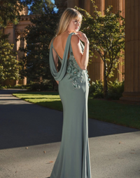 Mac Duggal Green Sleeveless Jersey Cowl Neck Gown With Beading Sage #11910