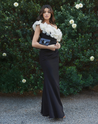 Mac Duggal Black and White Jersey Gown With 3D Flower Off The Shoulder Detail #21079