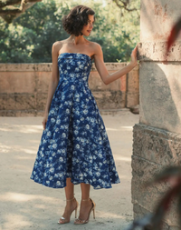 Mac Duggal Blue Floral Brocade Strapless A Line Midi Dress #68617