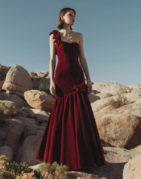 Mac Duggal Dark Velvet One Shoulder Trumpet Gown With Flowers #68983 Amethyst Red