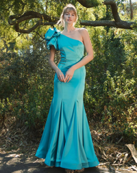 Mac Duggal Green One Shoulder Bustier Satin Mermaid Gown Teal #68703