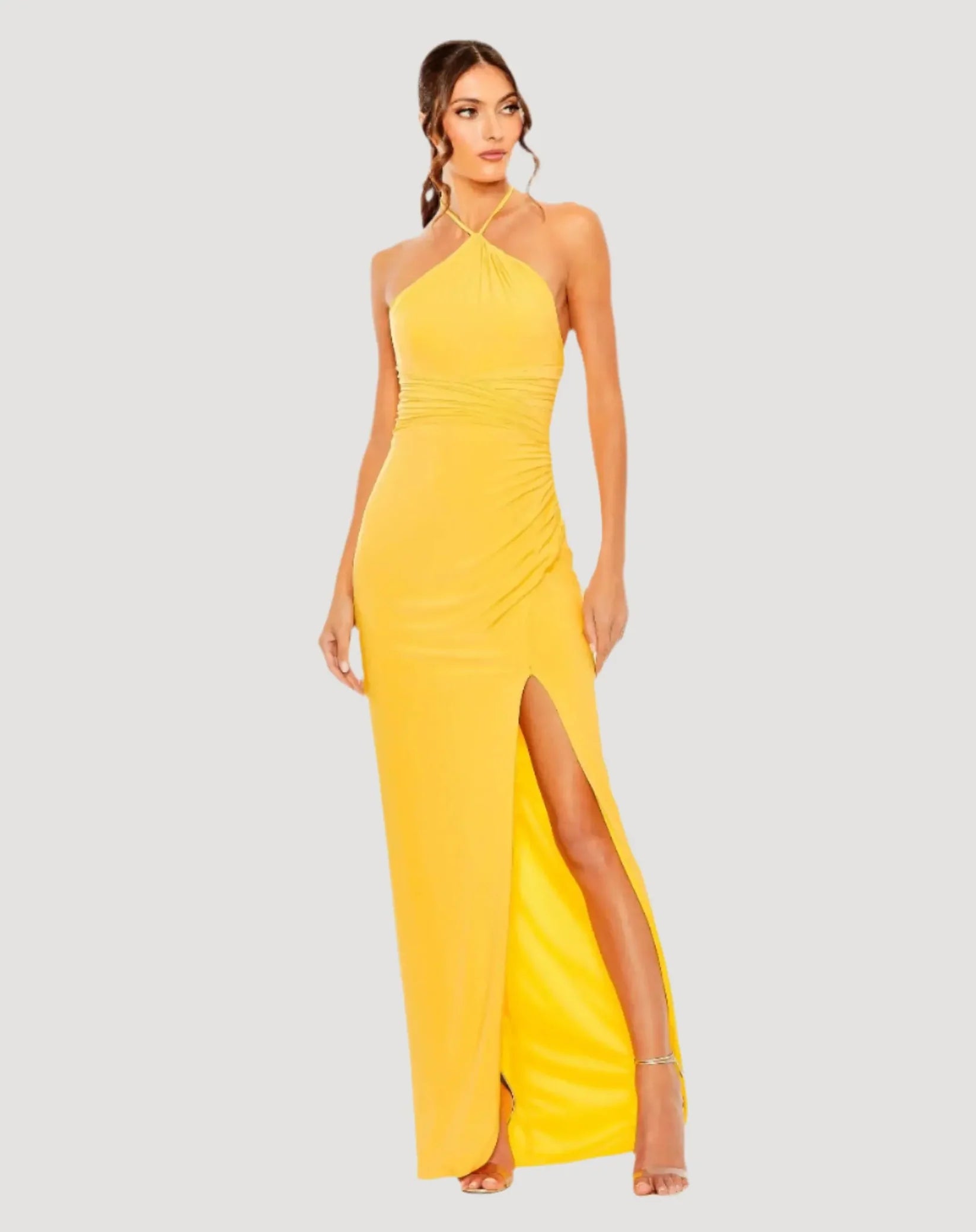 Mac Duggal Yellow Halter Neck Ruched Side Front Slit Gown #27122 Marigold |