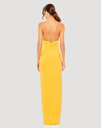 Halter Neck Ruched Side Front Slit Gown - Yellow
