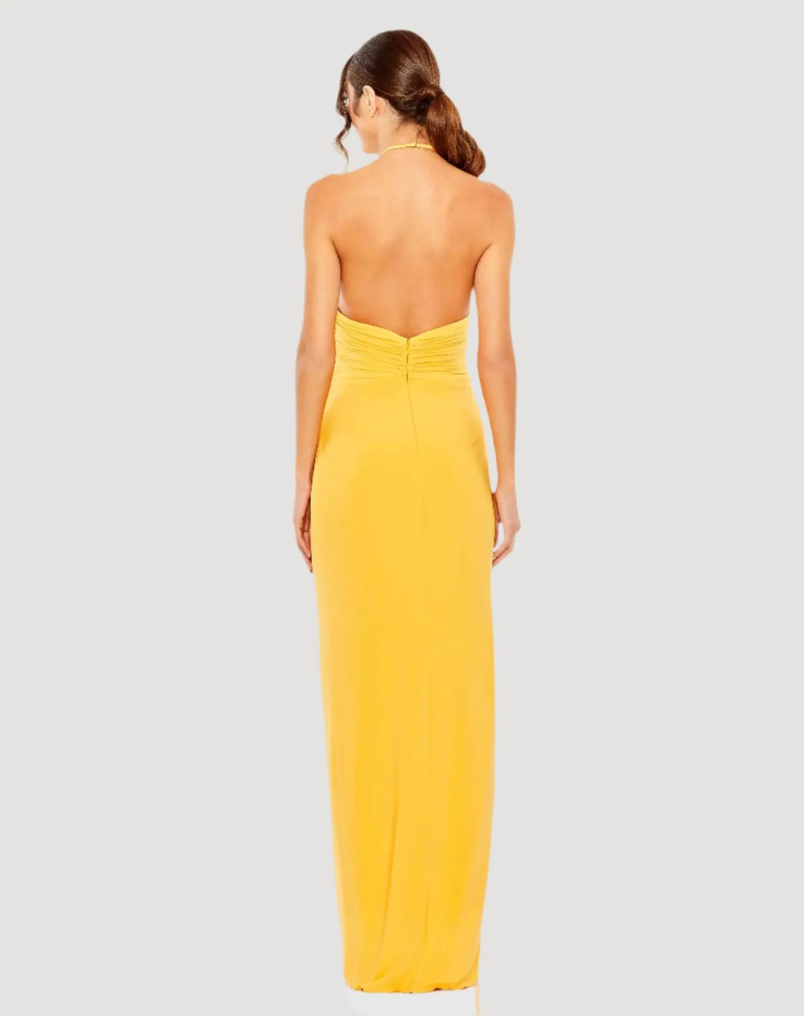Halter Neck Ruched Side Front Slit Gown - Yellow