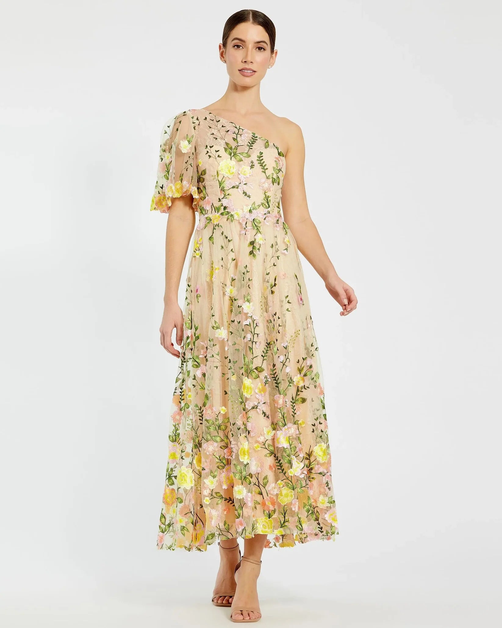 One Shoulder Lace Embroidered Dress - Yellow