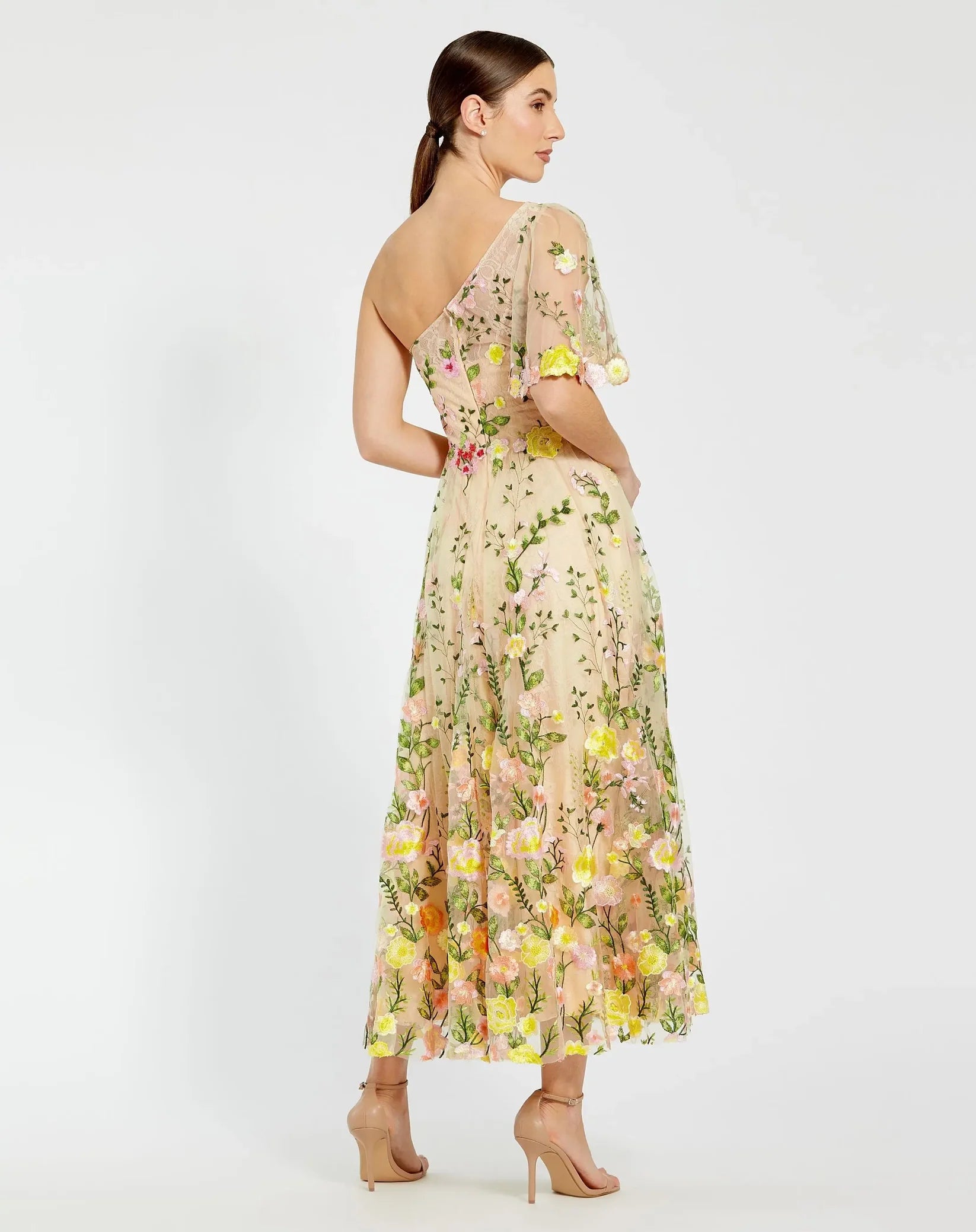 One Shoulder Lace Embroidered Dress - Yellow