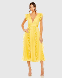 Mac Duggal Pleated Chiffon V Neck Ruffle Midi Dress Butter Yellow #49675