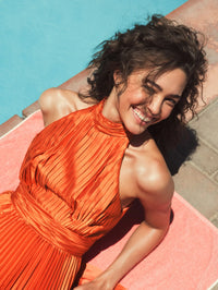 Pleated High Neck Satin Halter Gown - Sunet