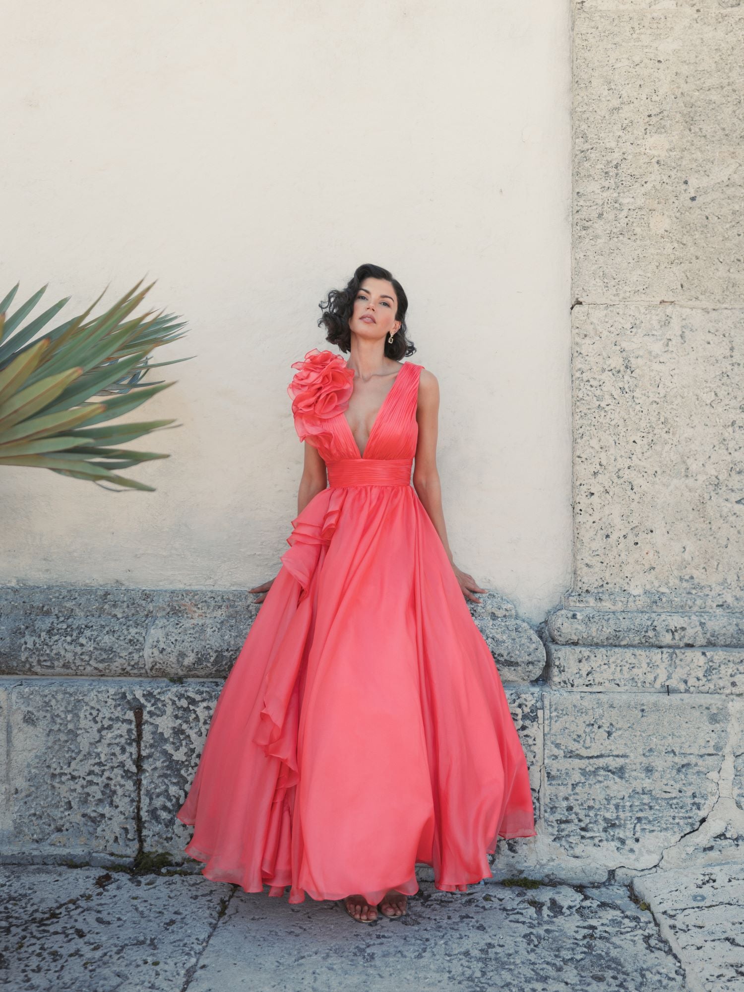 Shoulder Detail Ruffle A Line Gown - Coral