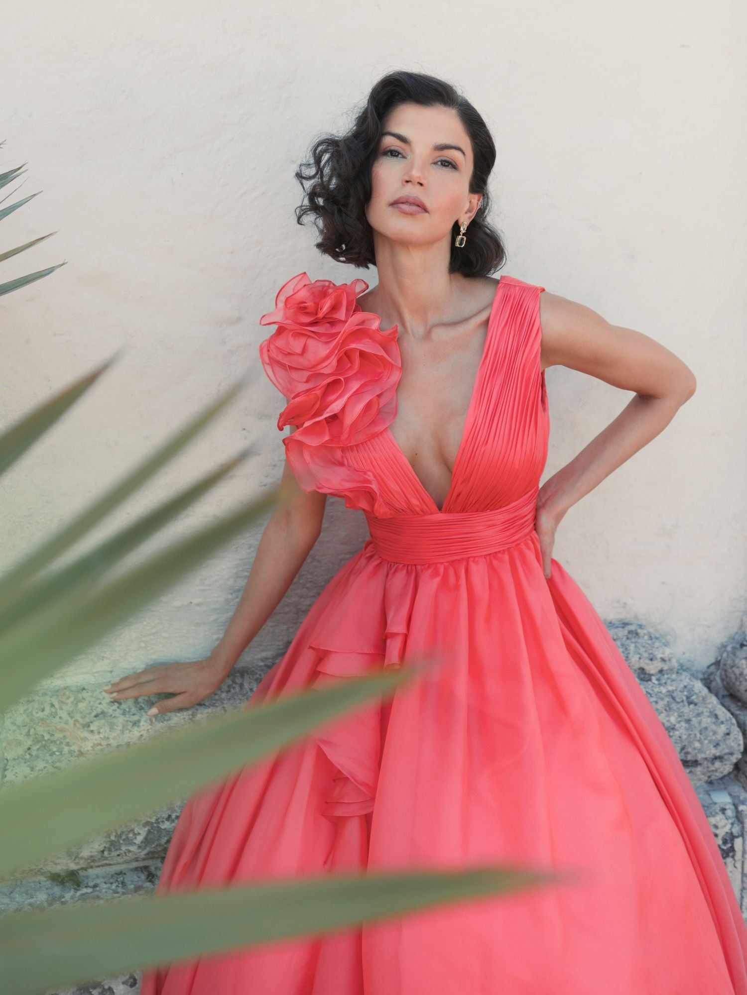 Shoulder Detail Ruffle A Line Gown - Coral