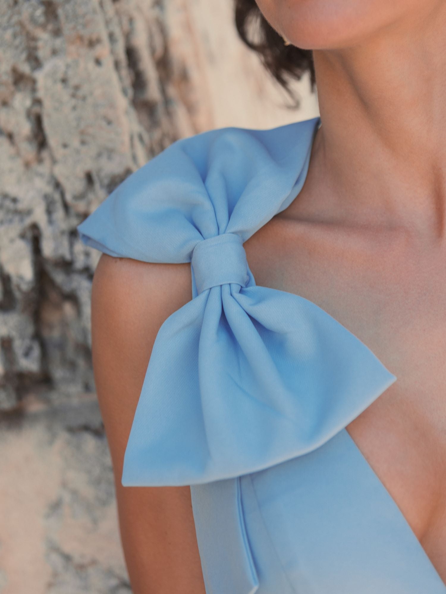 Sleeveless V Neck Bow Detail Mermaid Gown - Powder Blue