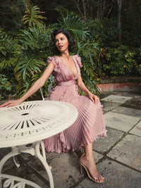 Pleated V Neck Ruffle Midi Dress - Rose