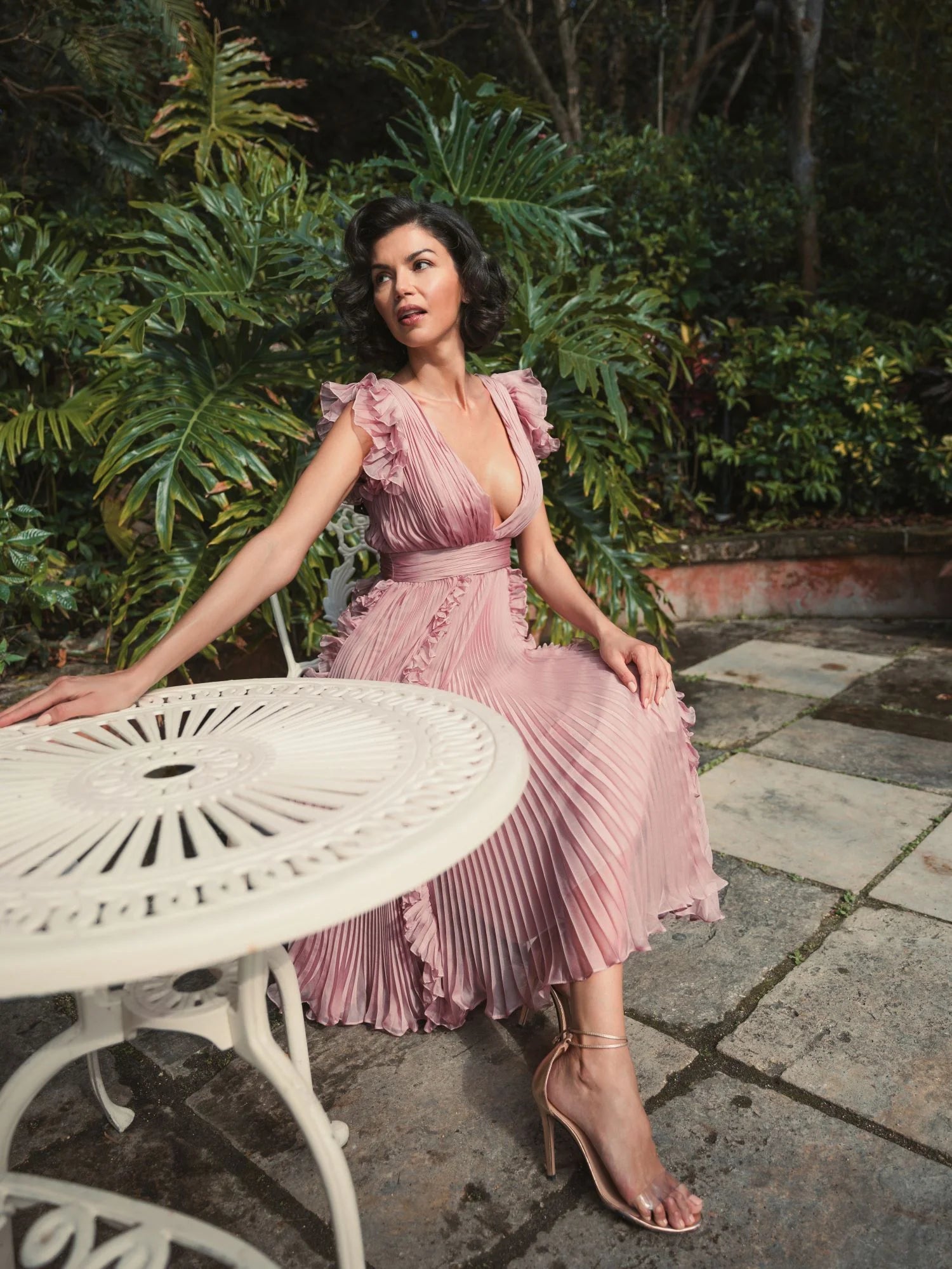 Pleated V Neck Ruffle Midi Dress - Rose