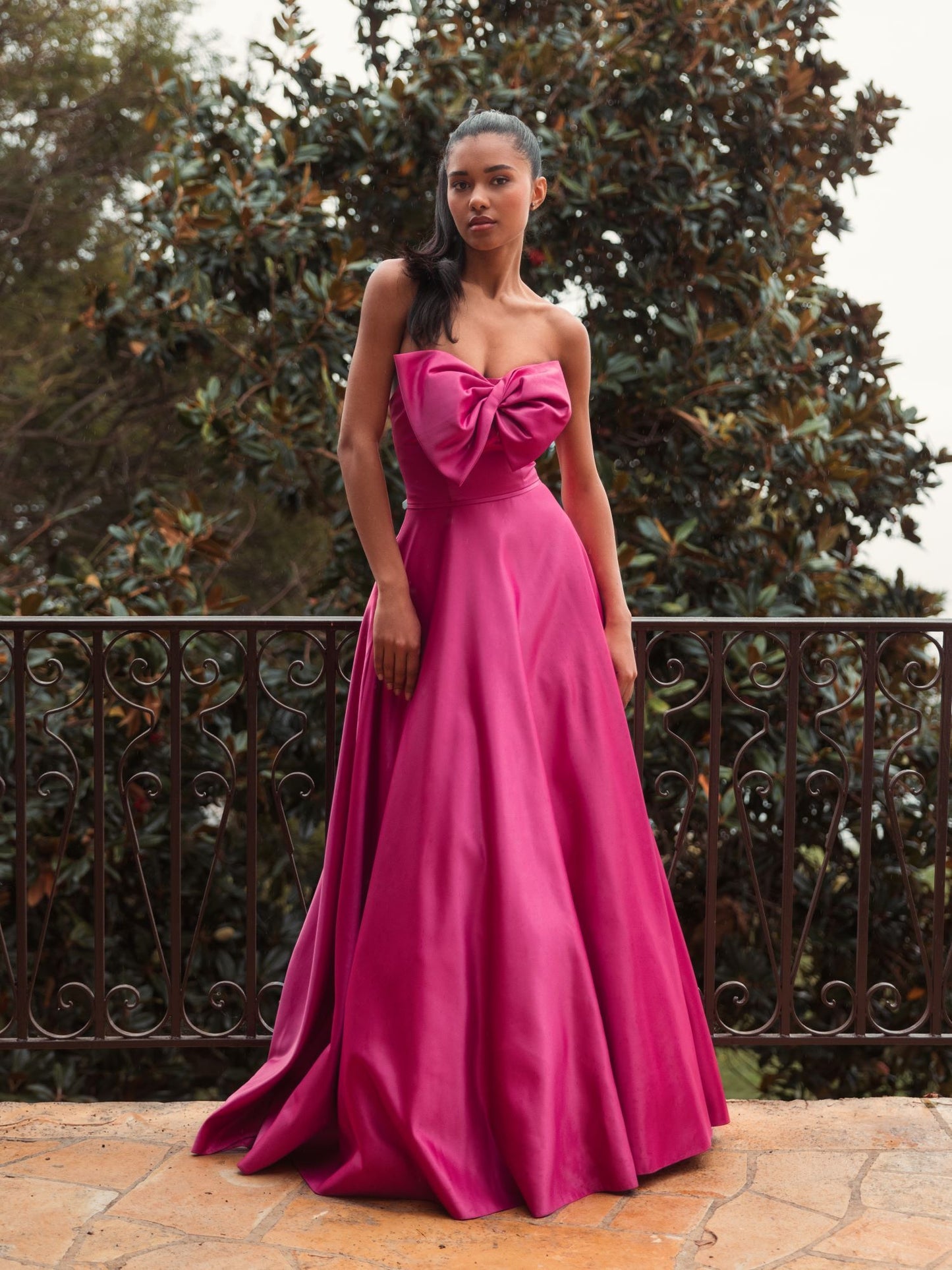 Pink Strapless Bow Ballgown - Hot Pink