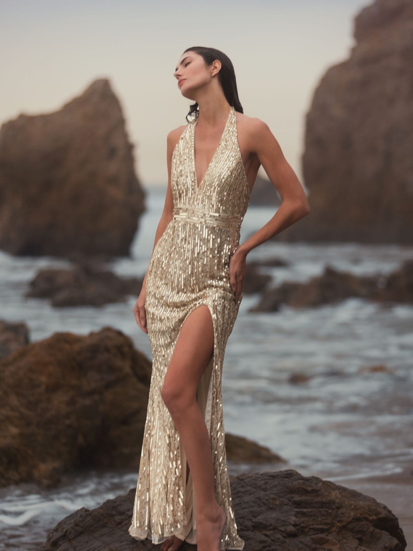 Sequined Halter Strap Trumpet Gown - Gold