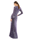 This elegant Mac Duggal, long, amethyst, hand-sequined gown is a fashion-forward choice for any formal affair. With a high round neckline, long sleeves, and a floor-grazing skirt, this modest silhouette is accented by a draped skirt and inset waist detail. Sleeves feature hidden zippers for ease of dressing. This elegant evening dress is the perfect dress perfect for proms, black-tie affairs, weddings and special events! BACK