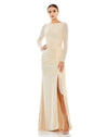 This elegant Mac Duggal, long sleeved, neutral tone, creamy pearl, elegant evening gown with a high, boat-neck is a chic evening dress perfect for special occasions, weddings, engagement parties and Winter formals. This sequin, gown in soft pearl flatters with its wrap detail at the waist and a thigh-split. This floor-length gown also makes an excellent modest brides dress!   