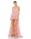 This show-stopping, rose pink, chiffon, ruffled high-low gown is truly perfect for Summer weddings and parties! With a beautiful plunging chest and a glamorous train at the back, this dress is both sexy and sweet at the same time! 