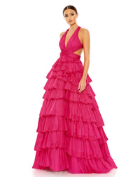 This show-stopping, hot pink fuchsia, prom dress is styled with a pleated bodice with a deep neckline, waist cutouts, and crisscross center providing the perfect amount of cleavage. With decadent layers of graduated ruffles fill out the full skirt for a design that’s festive and flirty, perfect for Summer weddings and parties!