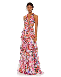 This elegant Mac Duggal, long, short-sleeved, ruffled, multi, tiered dress is perfect for Summer proms and wedding guests! This dress with short ruffled sleeves and a sexy cut-out detail make it so very stunning! Inspired by colourful floral blooms, this dress is crafted from translucent chiffon populated with romantic roses. 
