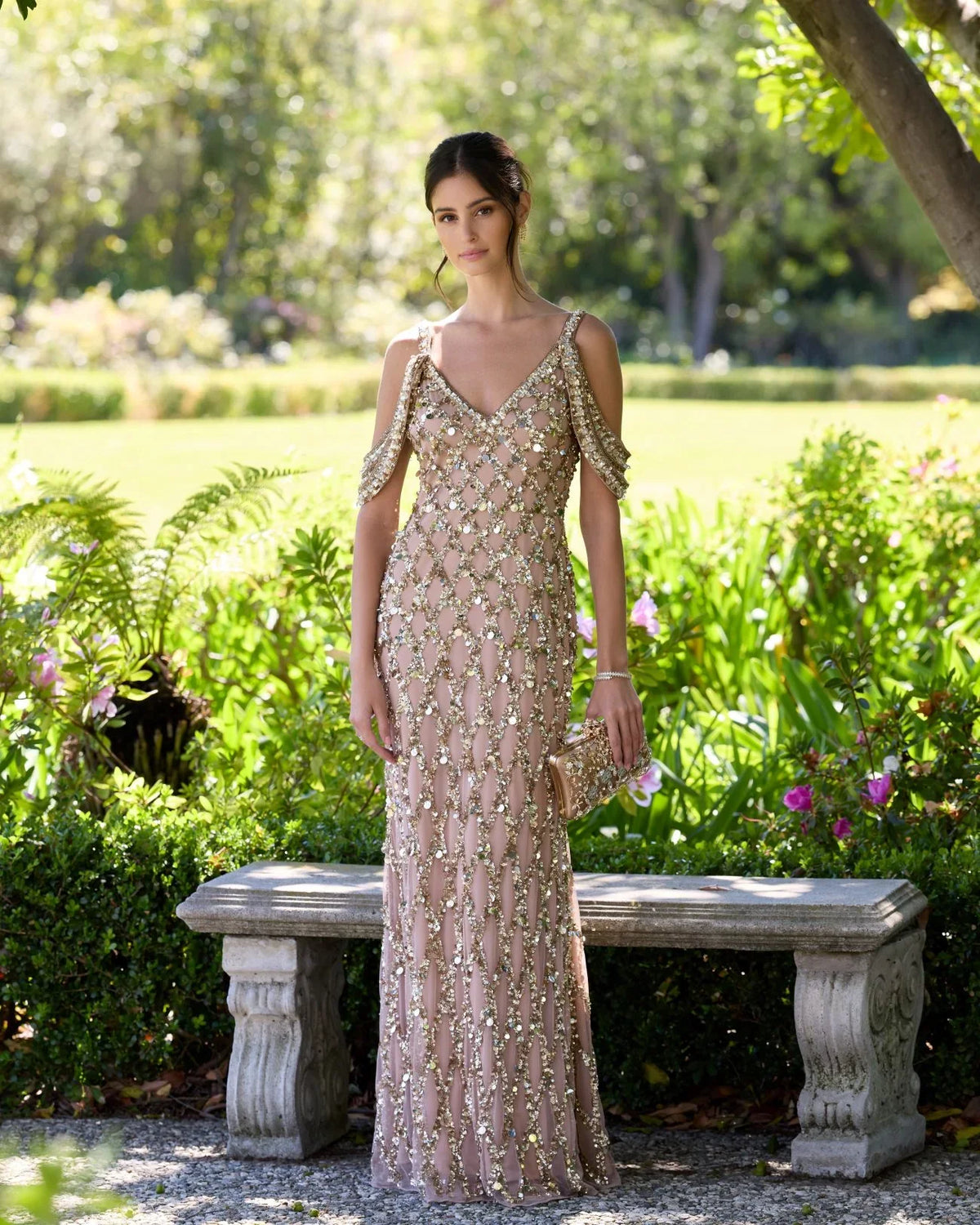 Gold Beaded Mesh Off The Shoulder Column Gown