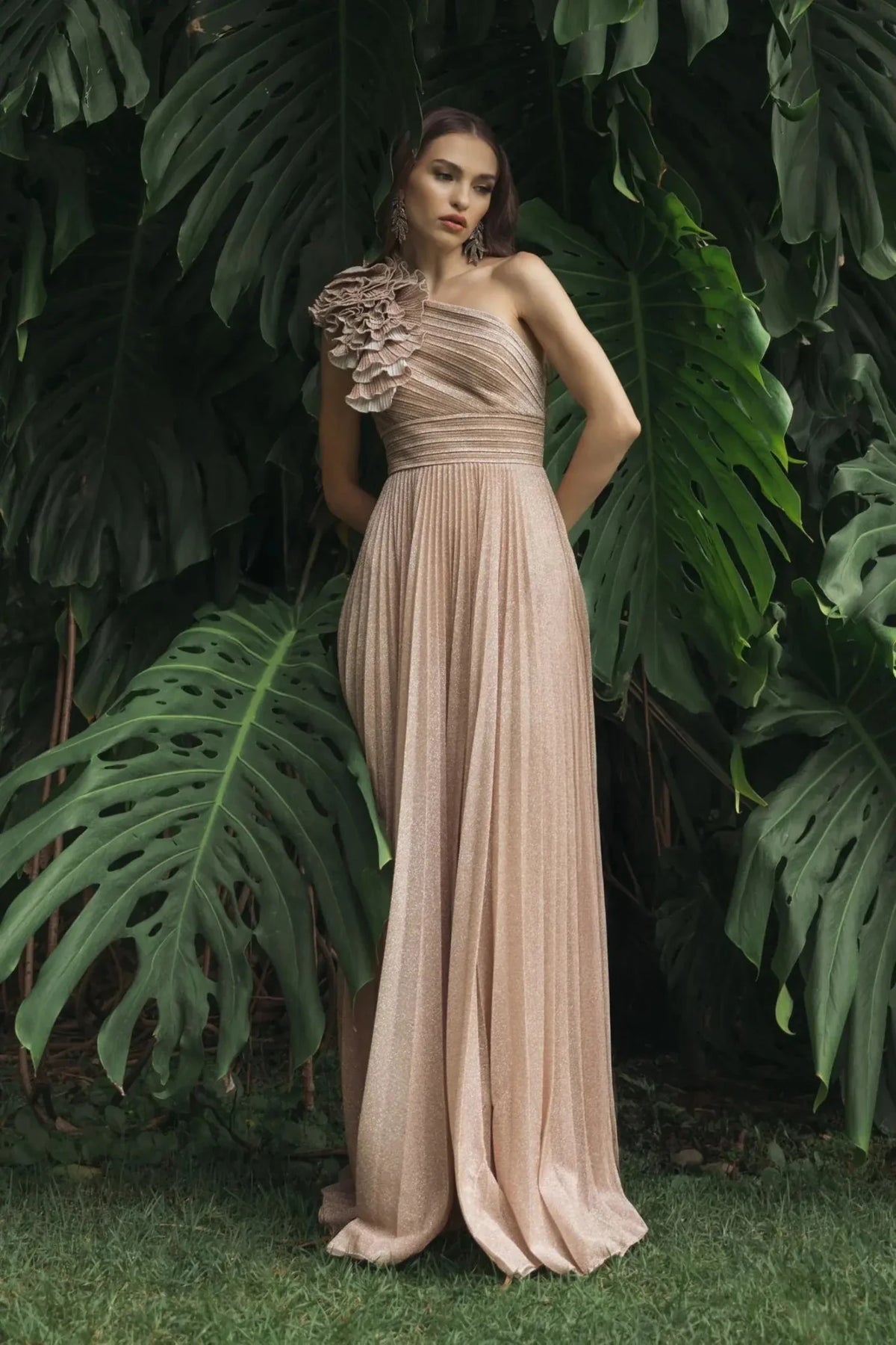 Gold pleated one-shoulder ruffle gown