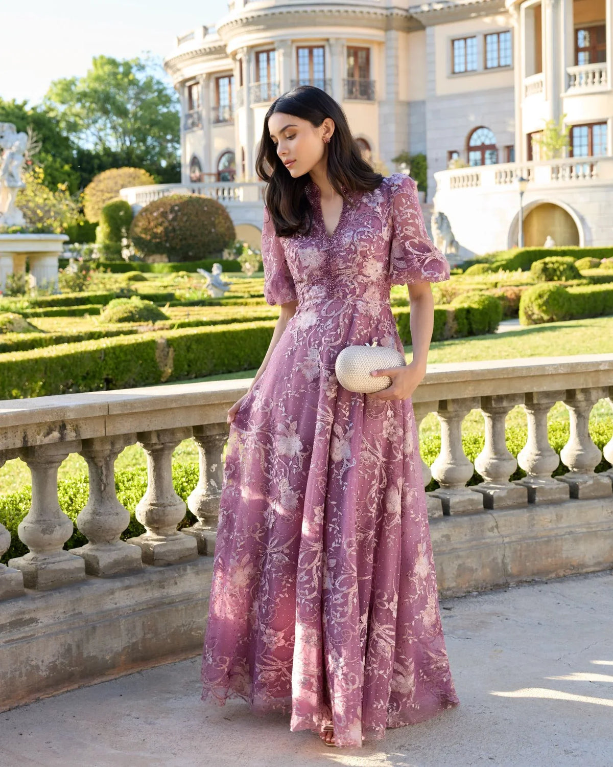 Purple Queen Anne Puff Sleeve Embroidered A-Line Gown