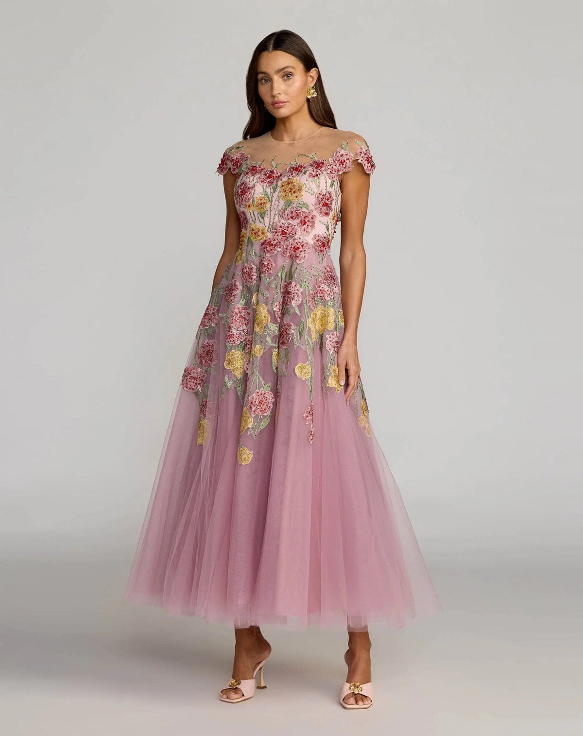 Floral Embroidered Illusion Sweetheart Midi Dress